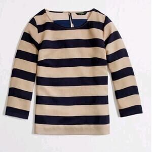 J. Crew 3/4 Sleeve Striped Blouse Navy Tan Beige Keyhole Neck Nautical Preppy Sm
